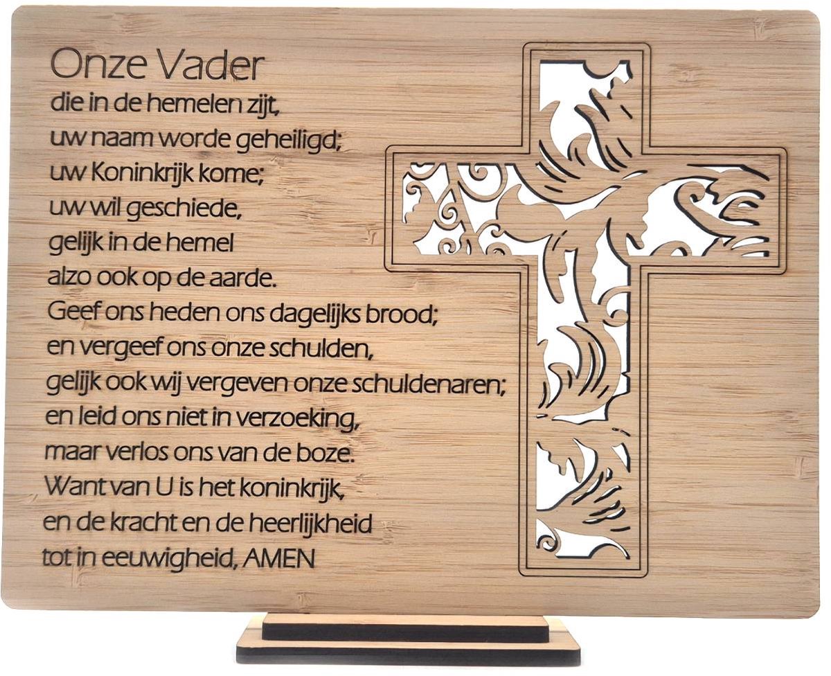 Bamboe bordje Het Onze Vader met decoratief kruis – 20,5 × 16 cm