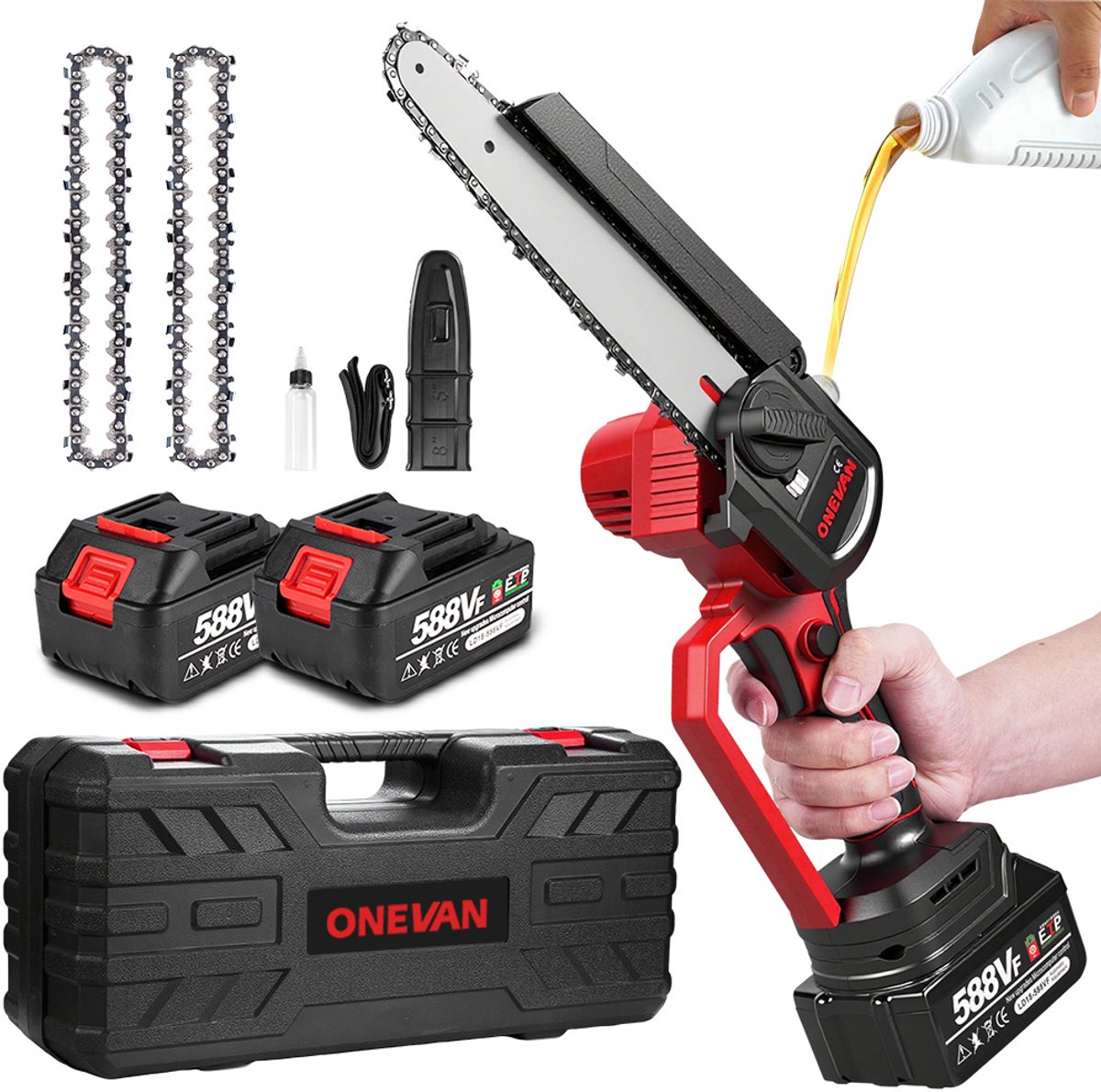 ONEVAN Accu Kettingzaag - 8 Inch Borstelloze Kettingzaag - met 2x Accu's - Elektrisch Handkettingzaag - voor tuinschaar, takkenschaar, houtzaagwerk