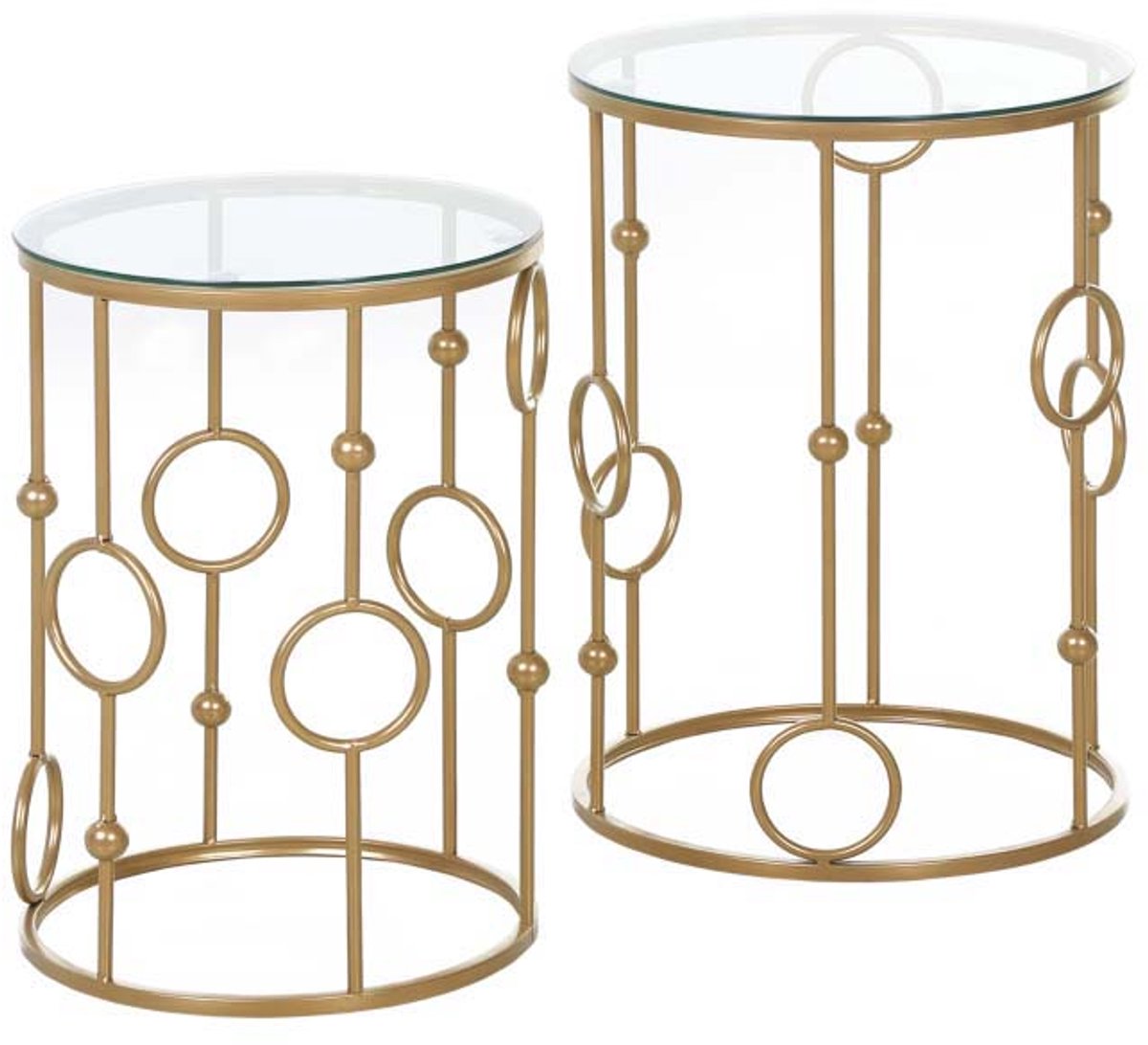 Salontafel 2-delige Set Bijzettafel Theetafel Glazen Tafelblad Modern Minimalistisch Stijlvol Bolvormig Design Stevig Metalen Frame Nestbaar Ruimtebesparend Geschikt voor Woonkamer Slaapkamer en Studeerkamer 41x41x57cm + 36x36x51cm Goud