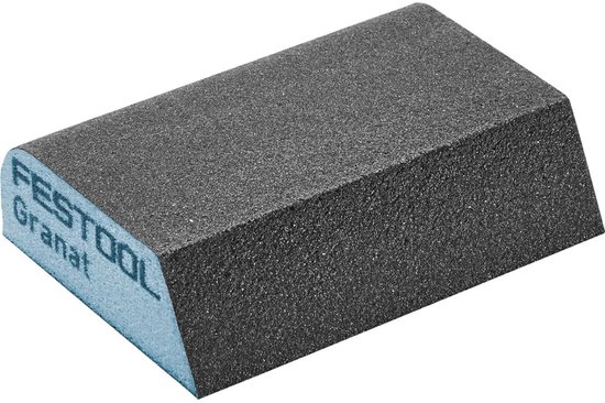 Grijze schuurspons met de tekst "FESTOOL Granat" op een schuin afgesneden zijde.