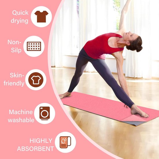 Yogamathoes - Yogamat - Fitness mat - Sport mat - Yogamat handdoek - Yogahanddoek - Sporthanddoeken - antislip - met mesh draagtas - sneldrogende - draagbare - ademende yogamat handdoek - voor fitnesstraining, pilates en fitness - 183*63 cm - roze van Merkloos — afbeelding 2