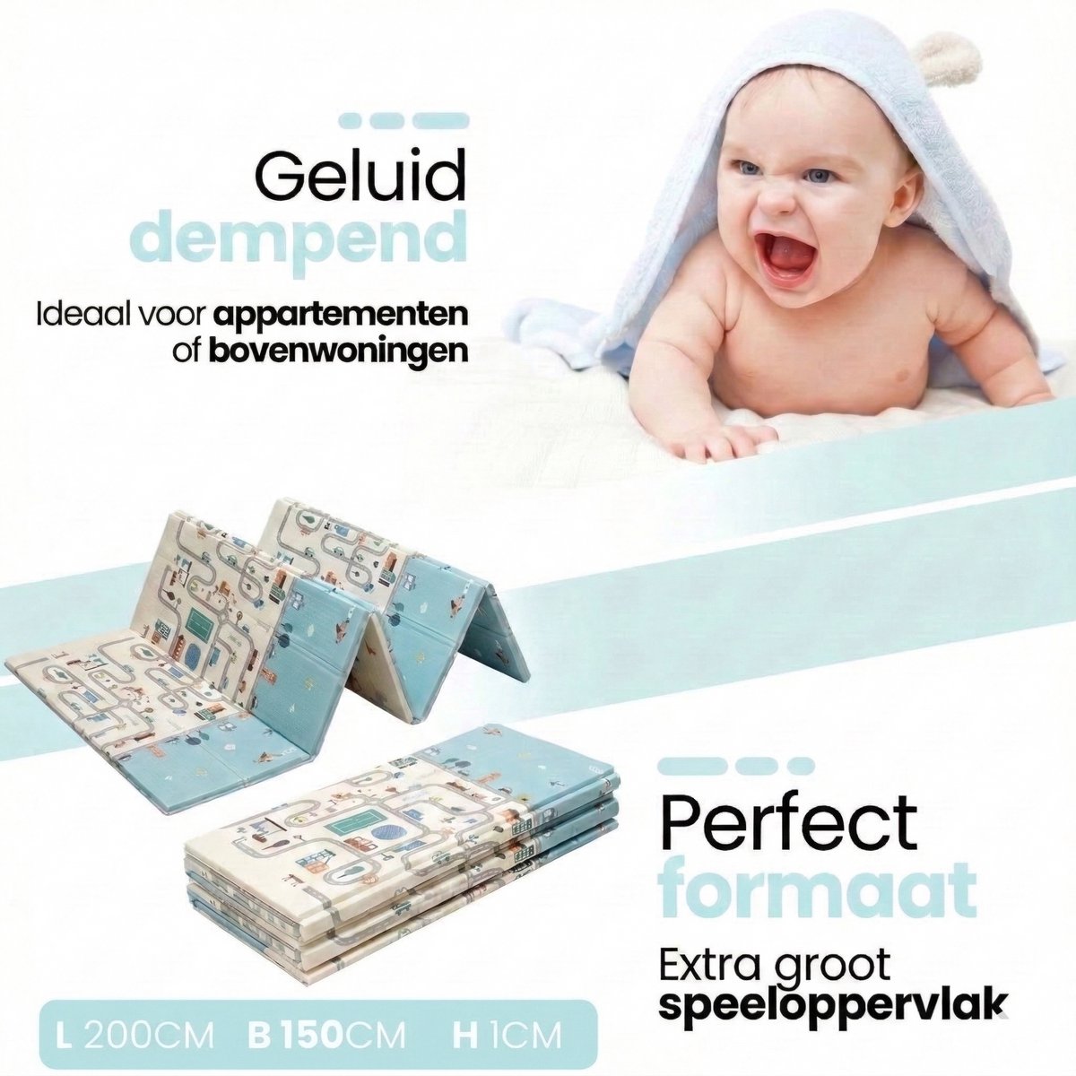 Laavir® Opvouwbare Baby Speelmat – 200x150 cm – Dubbelzijdig Auto- en Stadsontwerp – Foam Speelkleed met Opbergtas – Waterafstotend & Antislip – Blauw — afbeelding 4
