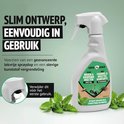 Wit sprayfles met groen etiket van Super Ninja. De tekst 'Slim ontwerp, eenvoudig in gebruik' staat op de afbeelding.