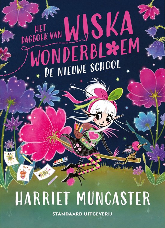 Het dagboek van Wiska Wonderbloem, De nieuwe school. Wiska vliegt op een bezem met boeken en bloemen.