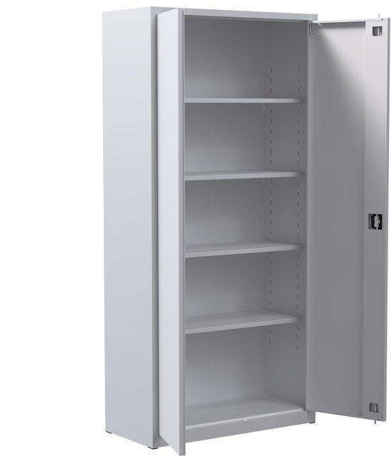 Grijze metalen archiefkast, van de zijkant gezien met één deur open en vijf planken.