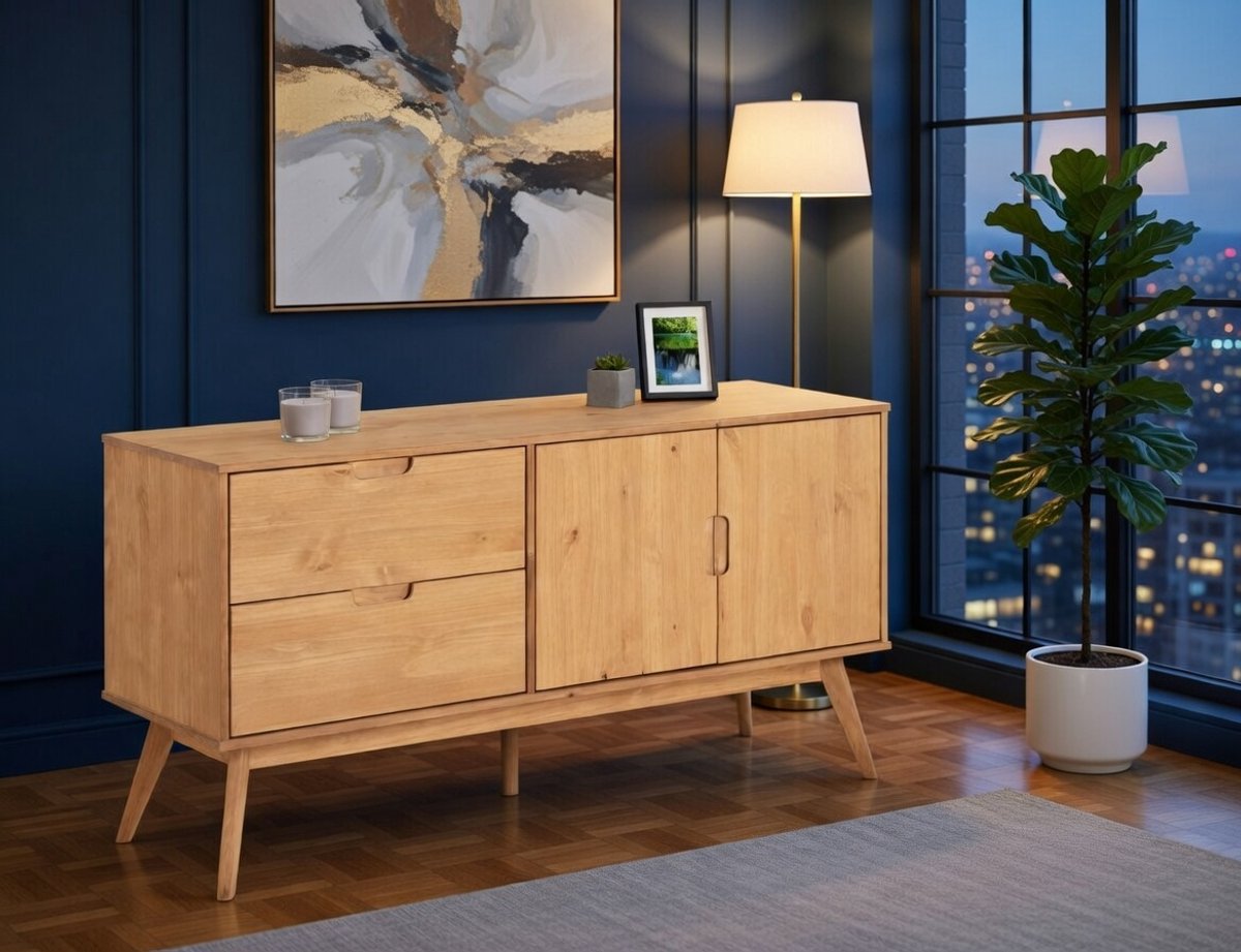 Tivoli Massief Houten Dressoir – Scandinavisch Design – 2 Deuren & 2 Laden – Bruin – Modern Sideboard voor Woonkamer en Eetkamer | NoviHome