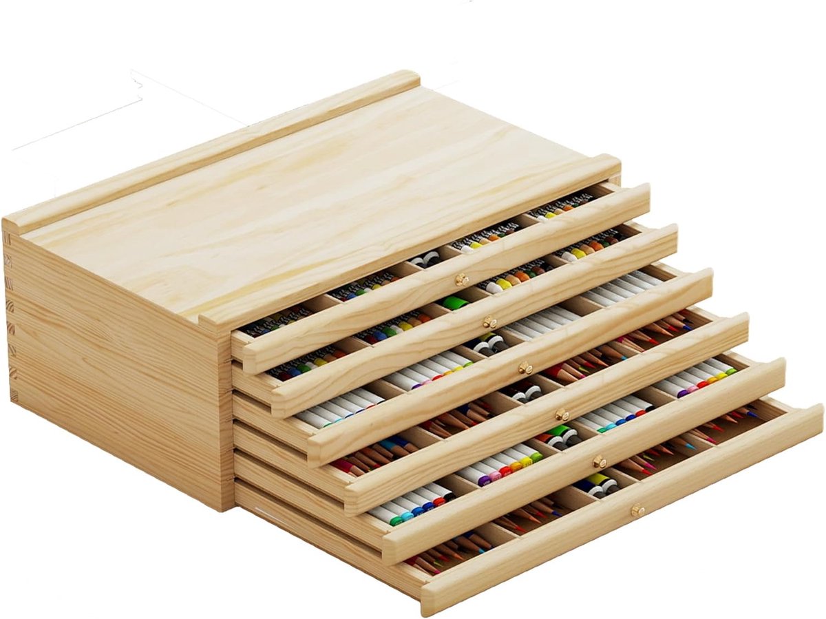 Houten Opbergdoos met 6 Laden – Organizer voor Knutselspullen, Kunstbenodigdheden – Verwijderbare Compartimenten – Duurzaam en Praktisch