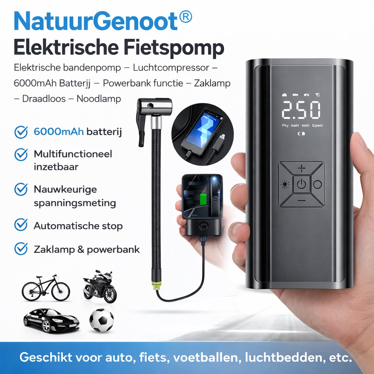 NatuurGenoot® Elektrische Fietspomp-elektrische bandenpomp-Luchtcompressor-6000 mAh Batterij-Powerbank functie-Zaklamp-Draadloos- Noodlamp