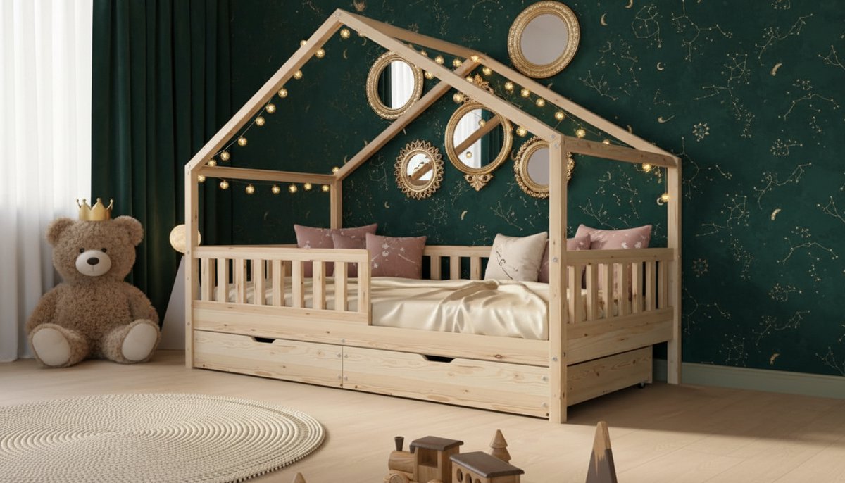 Cabin Bed met Lades 160x80 cm Kinderbed – Montessori Vloerbed met Veiligheidsleuning en Lattenbodem – Huisbed van Massief Grenenhout met 2 Opberglades – Scandinavisch Design – Natuurlijk Hout – Casa Velluto Nordic DreamHouse