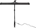 Zwarte bureaulamp met klemvoet en stroomkabel, op witte achtergrond.