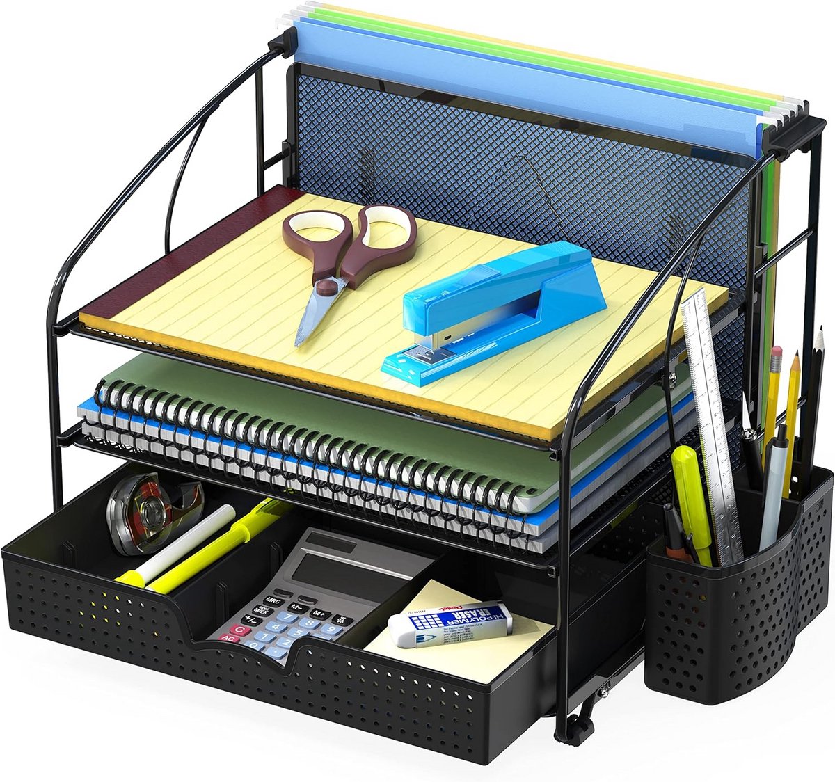 Bureau-organizer met 3 lades, schuiflade, hangende vijlhouder en pennenhouder - zwart
