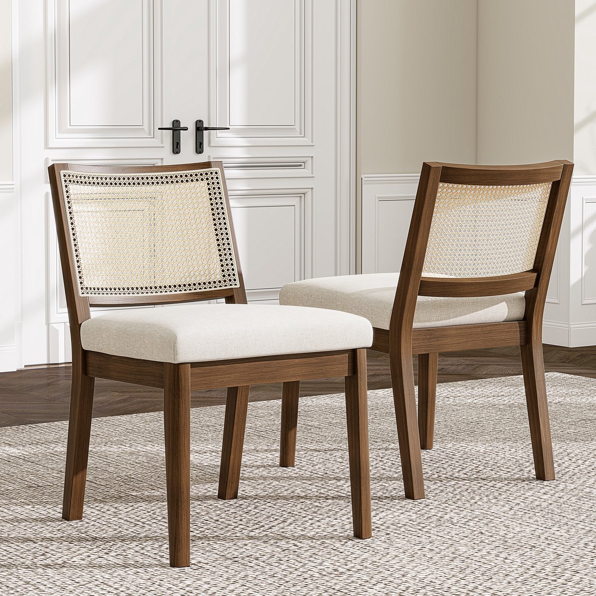 Eetkamerstoel - Set van 2 - Rattan Rugleuning - Modern en Ademend - Linnen - Walnoot