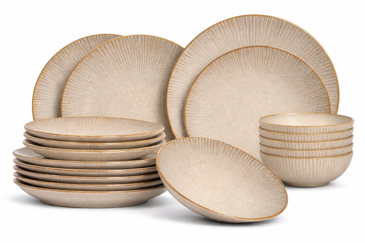 Cookinglife Serviesset Coastal Lines Ocean Beige 18-delig - Servies Set 6 Personen - Modern Design Aardewerk - Vaatwasser- & Magnetronbestendig — afbeelding 1