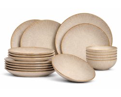 Cookinglife Serviesset Coastal Lines Ocean Beige 18-delig – 6 Personen – Bevat 6 Dinerborden, 6 Ontbijtborden & 6 Kommen – Beige Aardewerk met Rustige Kustlijnstructuur – Vaatwasser- en Magnetronbestendig – Sereen en Stapelbaar