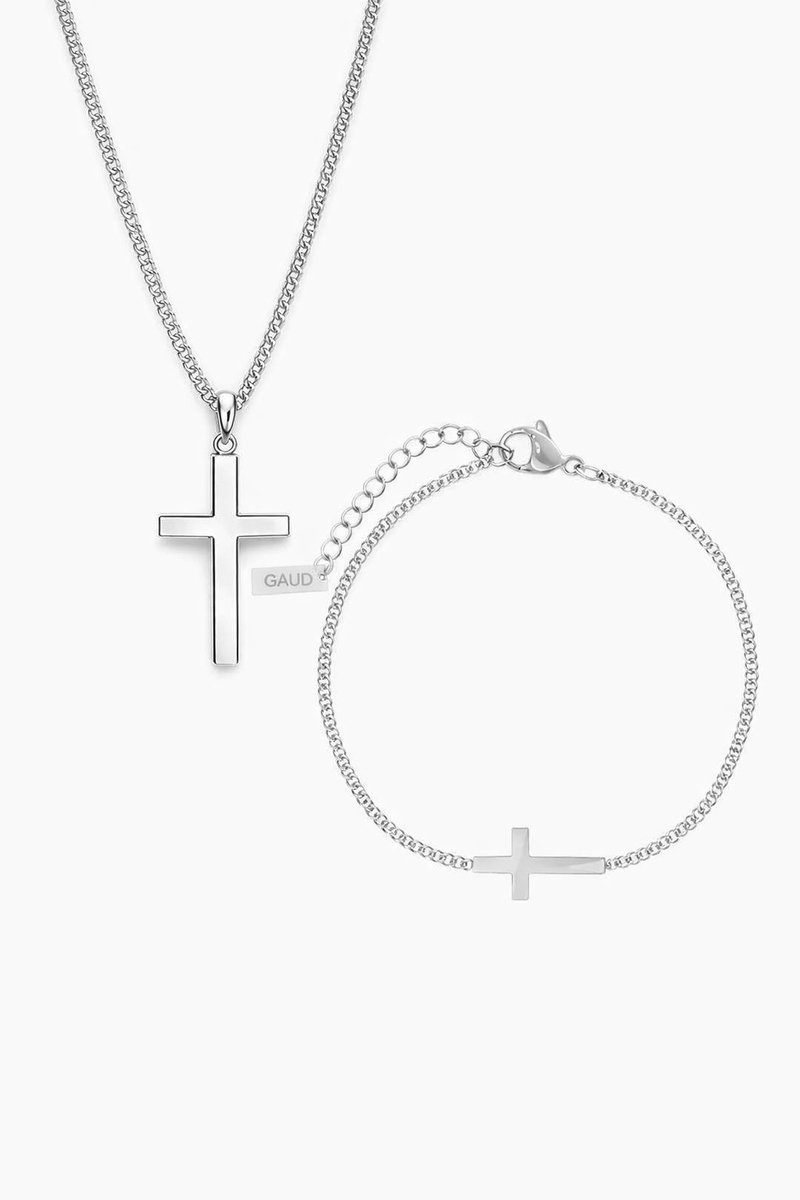 GAUD Zilveren Kruis Sieraden Set – Ketting + Armband – Stainless Steel – Waterproof & Verkleurt Niet – Minimalistische Heren Sieraden