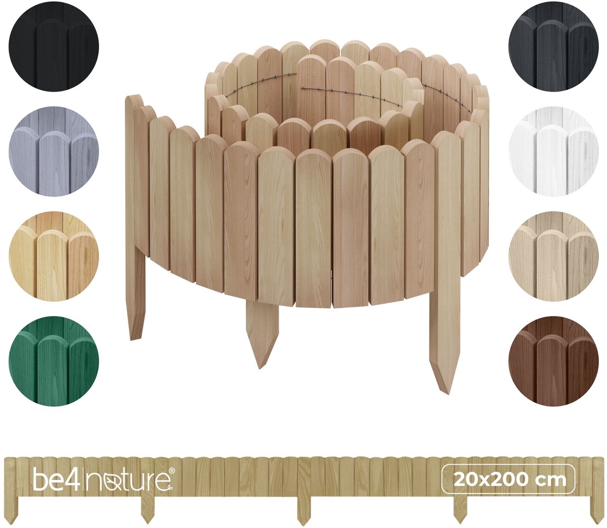 be4nature Flexibele houten border 20 x 200 cm Beige Onbehandelde rolborder plantenrand tuinhek decor palissade graskant