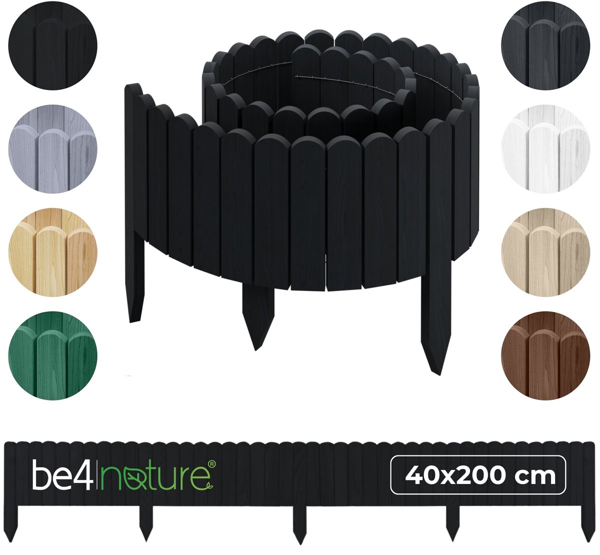 be4nature Flexibele houten border 40 x 200 cm Zwart Geïmpregneerde rolborder plantenrand tuinhek decor palissade graskant