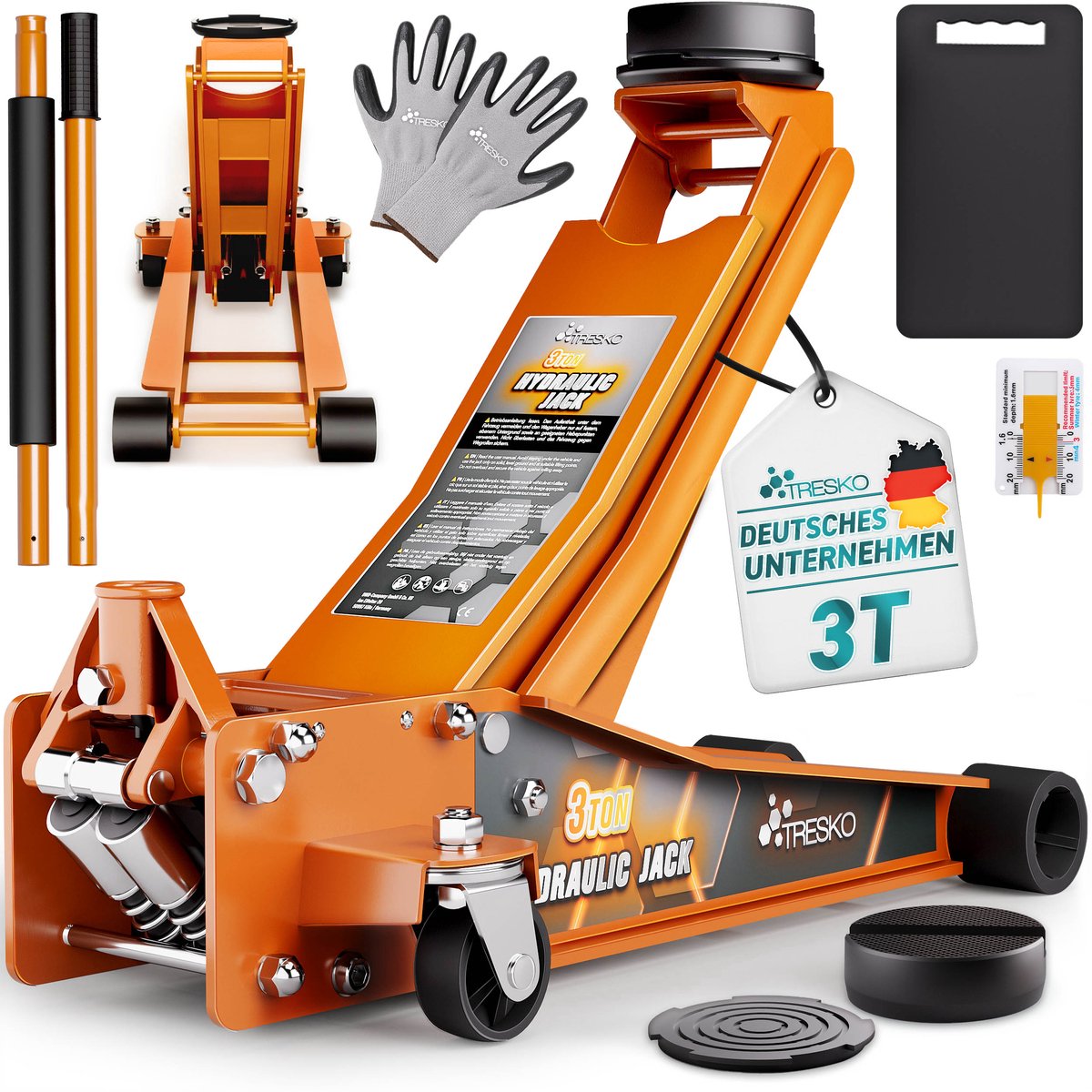 TRESKO Hydraulische garagekrik, 3 ton oranje, hefhoogte 75-510 mm, hydraulische garagekrik voor auto, platte krik met dubbele zuiger en 360° wielen, met 2 rubberen pads, beschermmat, handschoenen