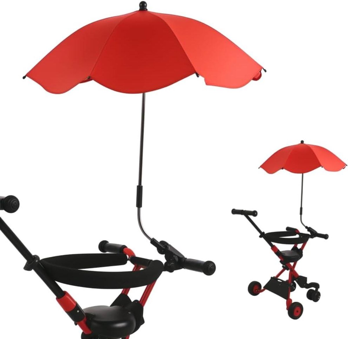 Allecto- Kinderwagen Parasol - Opvouwbaar - 360 Graden Verstelbaar - Rood - Universeel - UV-bescherming - Geschikt voor Alle Modellen - 14 Inch Kinderwagen Parasol met Klem, Waterdicht Zonnescherm