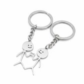 Zilverkleurige stickman sleutelhanger set van 2 stuks met metalen sleutelring – sleutelhanger voor dames en heren – decoratieve keychains met schattig koppel ontwerp en figuurtjes