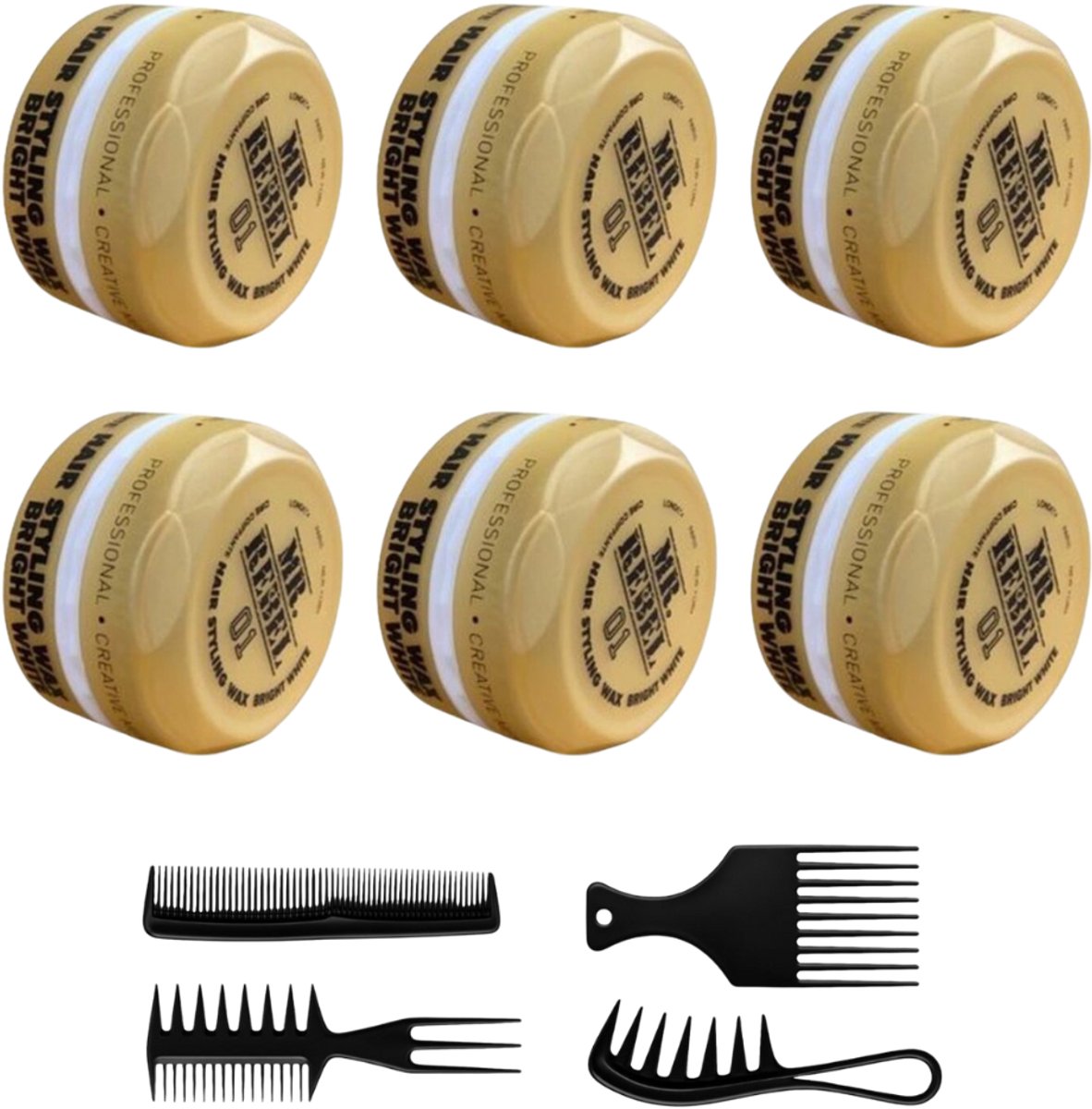 MR. REBEL 01 HAIR WAX STYLING BRIGHT WHITE Complete Professional Set 6 x + 4 Kammen)
