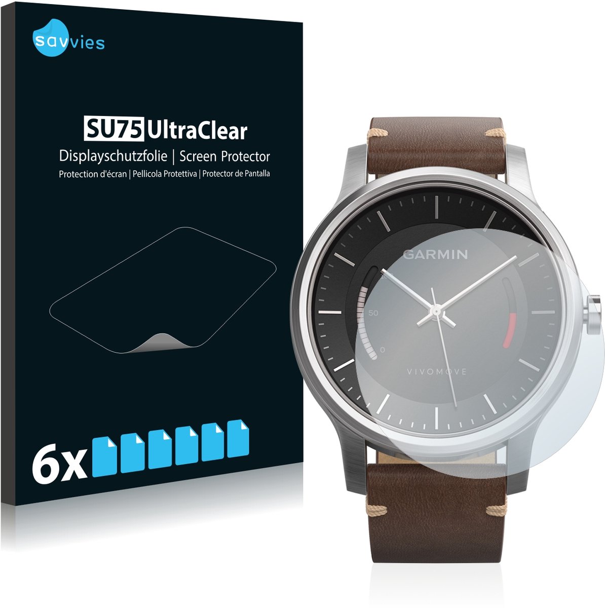 Savvies - Screenprotector voor Garmin vivomove - Folie Beschermfolie transparant 6 Stuks