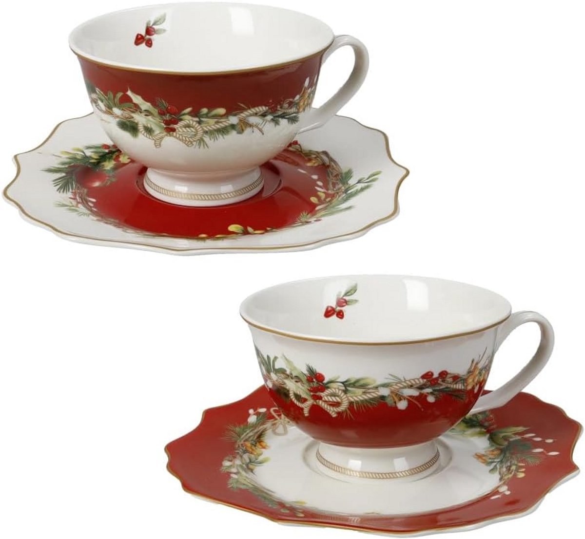 Set van 2 Theemokken met Schotel - Feestelijk Kerstdesign - New Bone China
