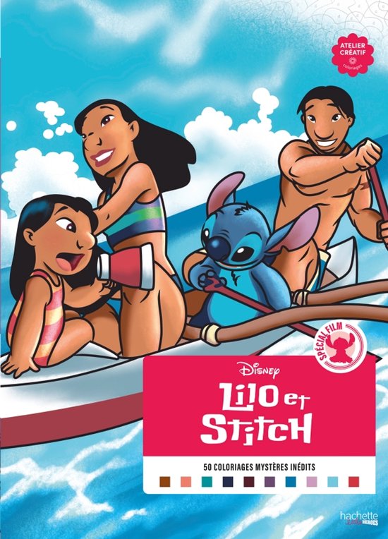 Livre de coloriages Disney Lilo et Stitch "50 coloriages mystères inédits". Lilo, Nani, Stitch et David en barque.