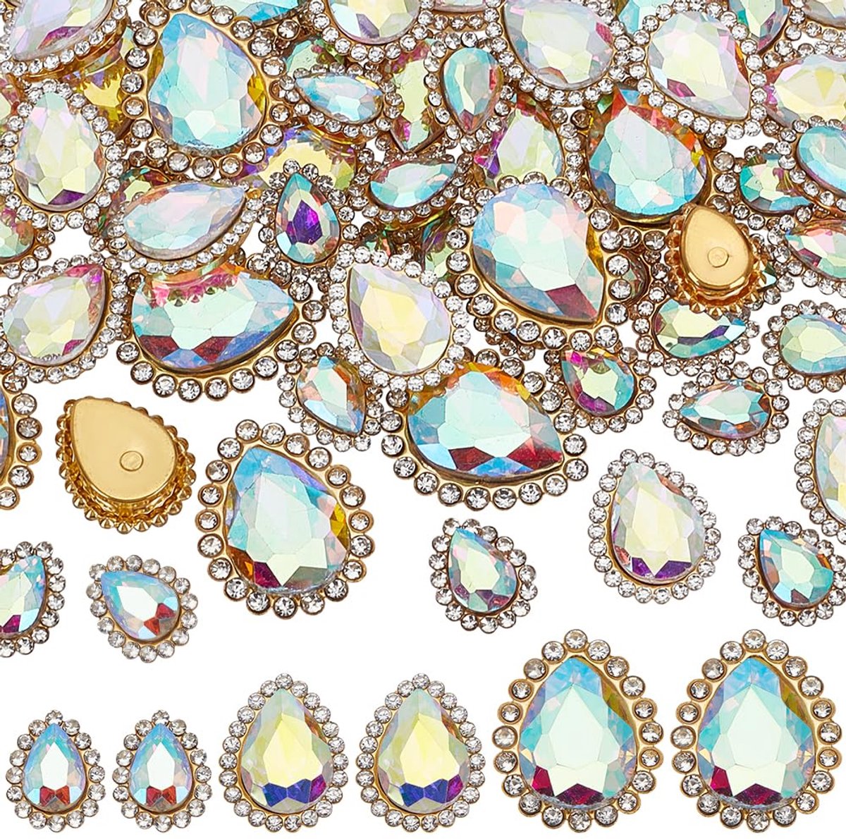 Glazen Tear Drop Ruiterstenen - 60 Stuks in Diverse Maten - AB Kleur met Gouden Bodem
