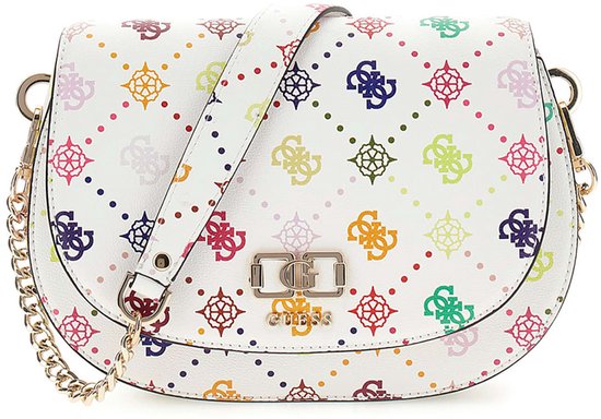 GUESS sac à épaule bandoulière Emelie Logo Flap Shoulder Bag Multi Logo blanc