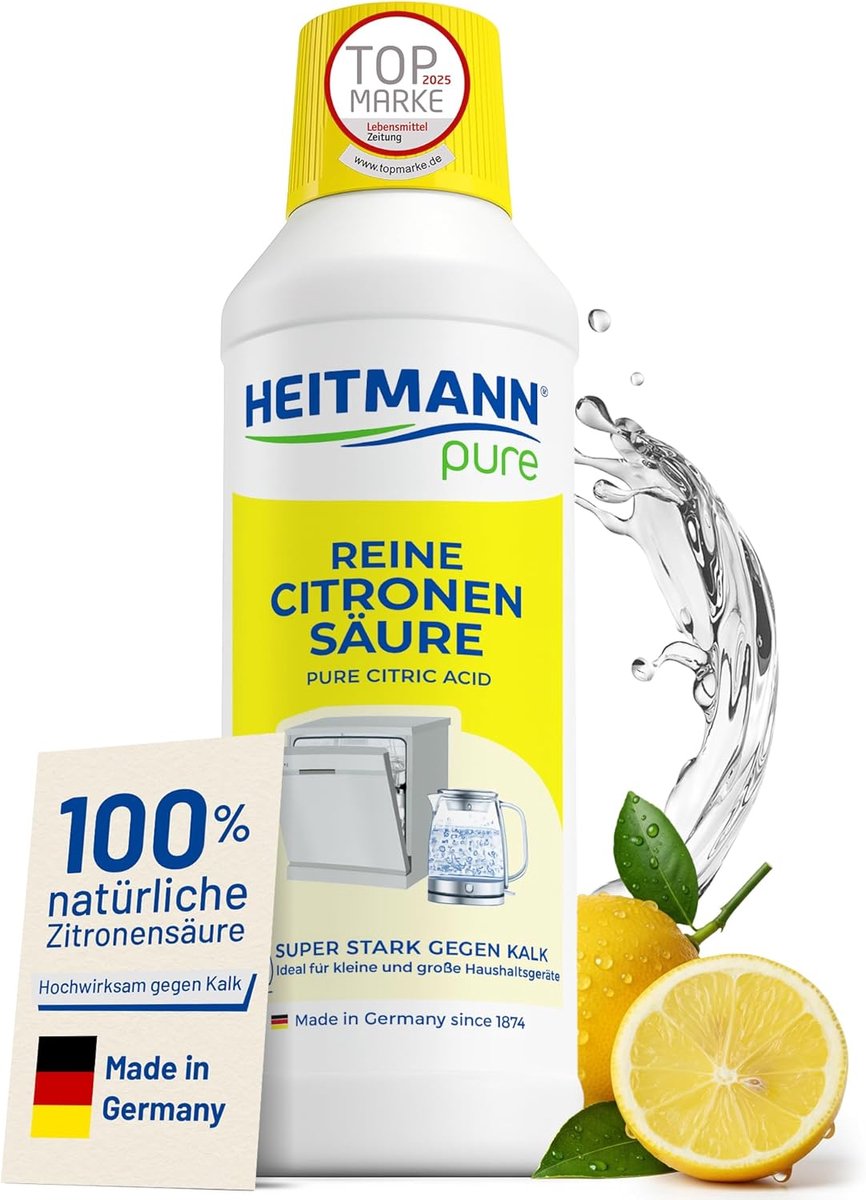 HEITMANN pure Pure Citroenzuur 500 ml, Effectieve kalkaanslagverwijderaar in keuken en badkamer, 100% natuurlijk citroenzuur, Ontkalker voor volautomatische koffiemachines, waterkokers en wasmachines, Voedselveilig