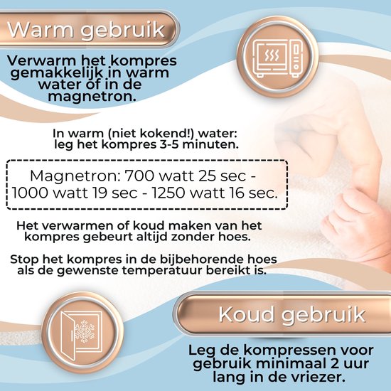 Instructies voor warm en koud gebruik van kompressen, met icoontjes van een magnetron en een sneeuwvlok.