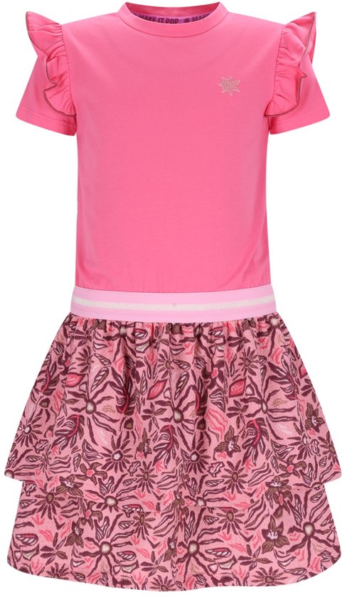 Roze jurk met korte pofmouwen, een geborduurd sterretje op de borst en een dubbele roze en bruine bloemenprint rok.