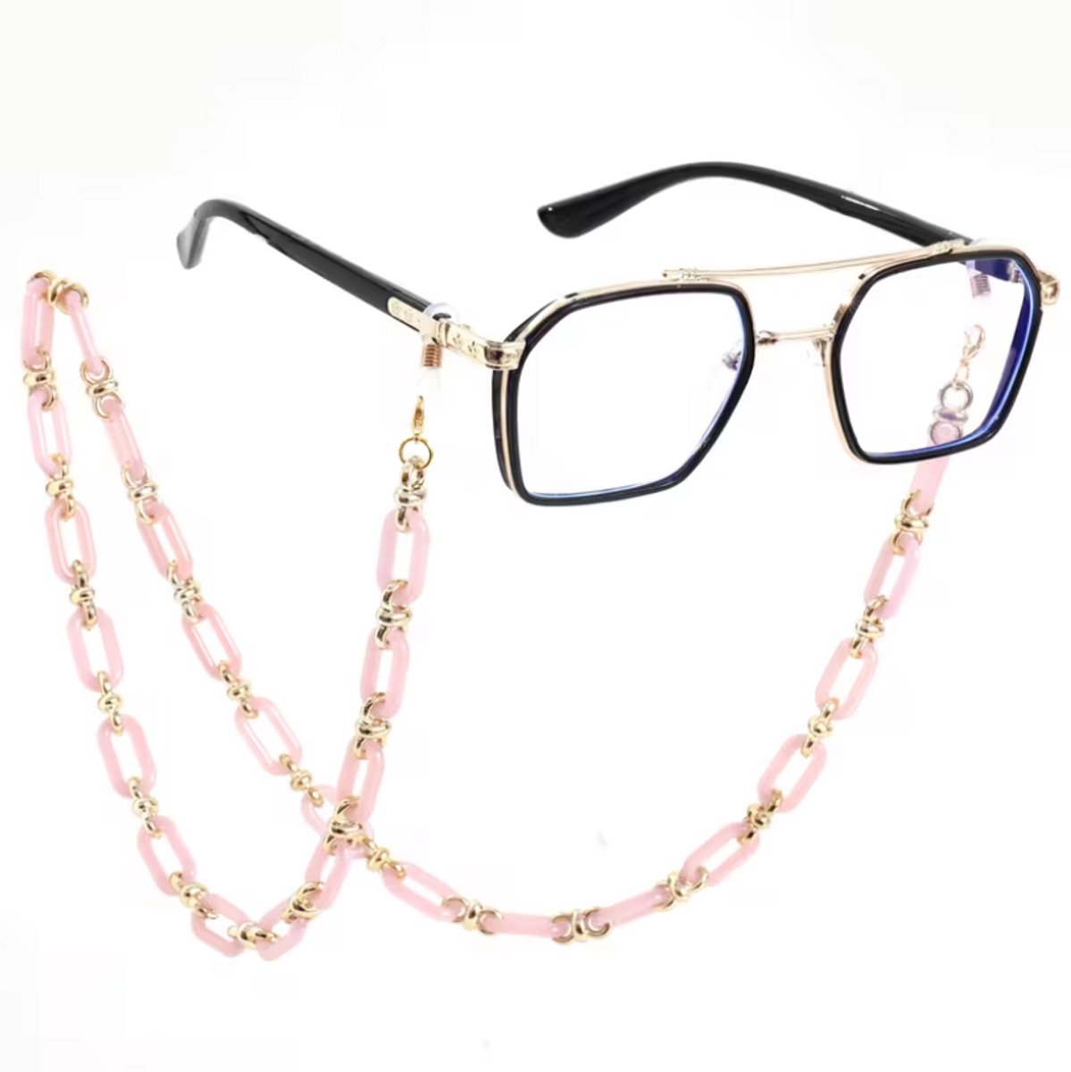 Lichtroze en goudkleurig acryl schakel brillenkoord dames – 73,6 cm brillenkoord met grove schakels en metalen details – chique brillenketting met antislip uiteinden