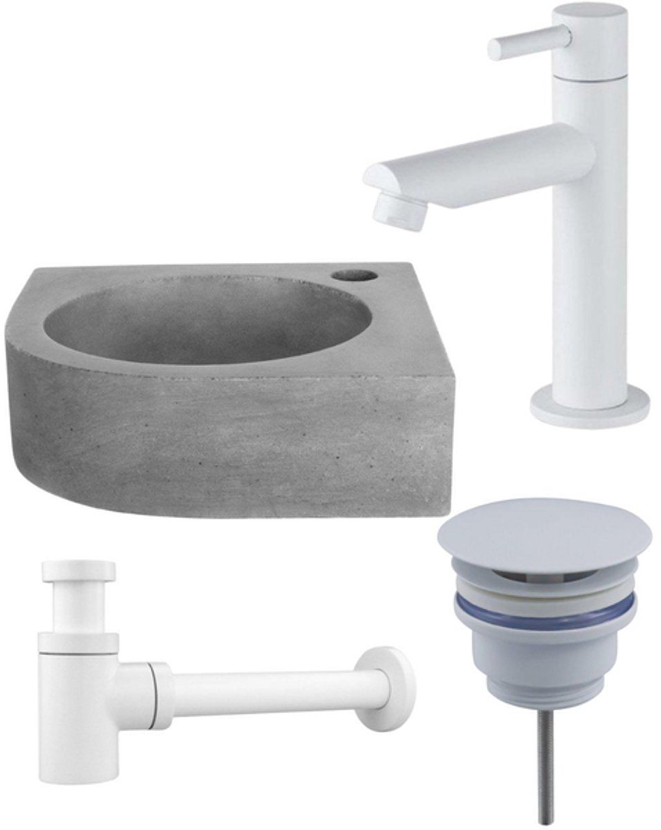 FugaFlow Eccelente Pietra fonteinset - 31.5x31.5x10cm - 1 kraangat - hoek - fonteinkraan wit mat - beton