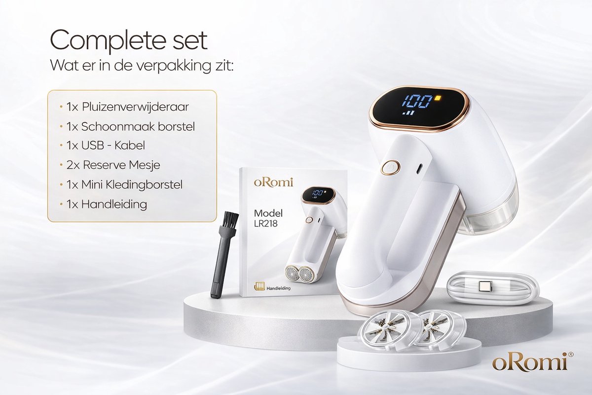 oRomi® Premium Elektrische Pluizenverwijderaar – Pluizentondeuse - Dubbele Scheerkop – 16W – USB-C Oplaadbaar – Draadloos – Voor Kleding & Meubilair
