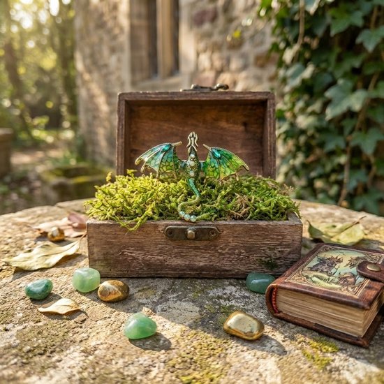 Groene drakenbroche met glinsterende vleugels in een open houten kistje gevuld met mos.