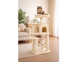 Bobbel Home - krabpaal - 112 cm - stabiele krabpaal met kattenhuis -Beige