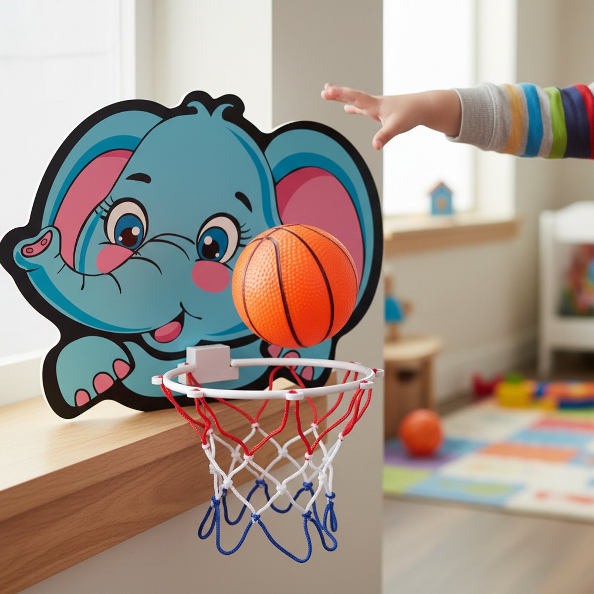 Eddy Toys basketball set elephant 2pc - educatief basketbalspel met olifant-design - inclusief basketbal en bal - kunststof en karton - voor 1 tot 5 spelers - 32,3x30x16,2 cm - blauw, roze en wit