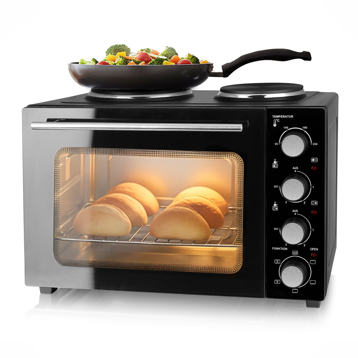 Emerio Mini-oven - 2 Kookplaten - 90-230ºC - Boven- & Onderwarmte - Heteluchtfunctie - Binnenverlichting - Draadrooster + Bakplaat - MO-125236.4 Zwart