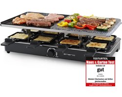 Emerio Gourmet-Steengrill - Raclettegrill - 1400W - 8 Personen - Indicatielampje - Regelbare thermostaat - Half Steengrill/Half Grillplaat - Incl. 8 Houten Spatels + Pannetjes - RG-110035 Zwart