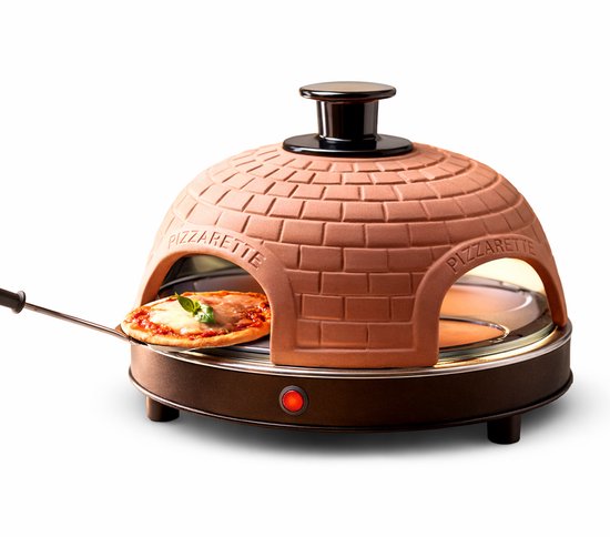 Emerio Pizzarette Origineel - 4 Persoons Pizza Oven - Handgemaakte Terracotta Koepel - 4 Geïsoleerde Bakspatels - RVS Bakplaat - Gourmetstel met Cool touch koepel - PO-115985 900W