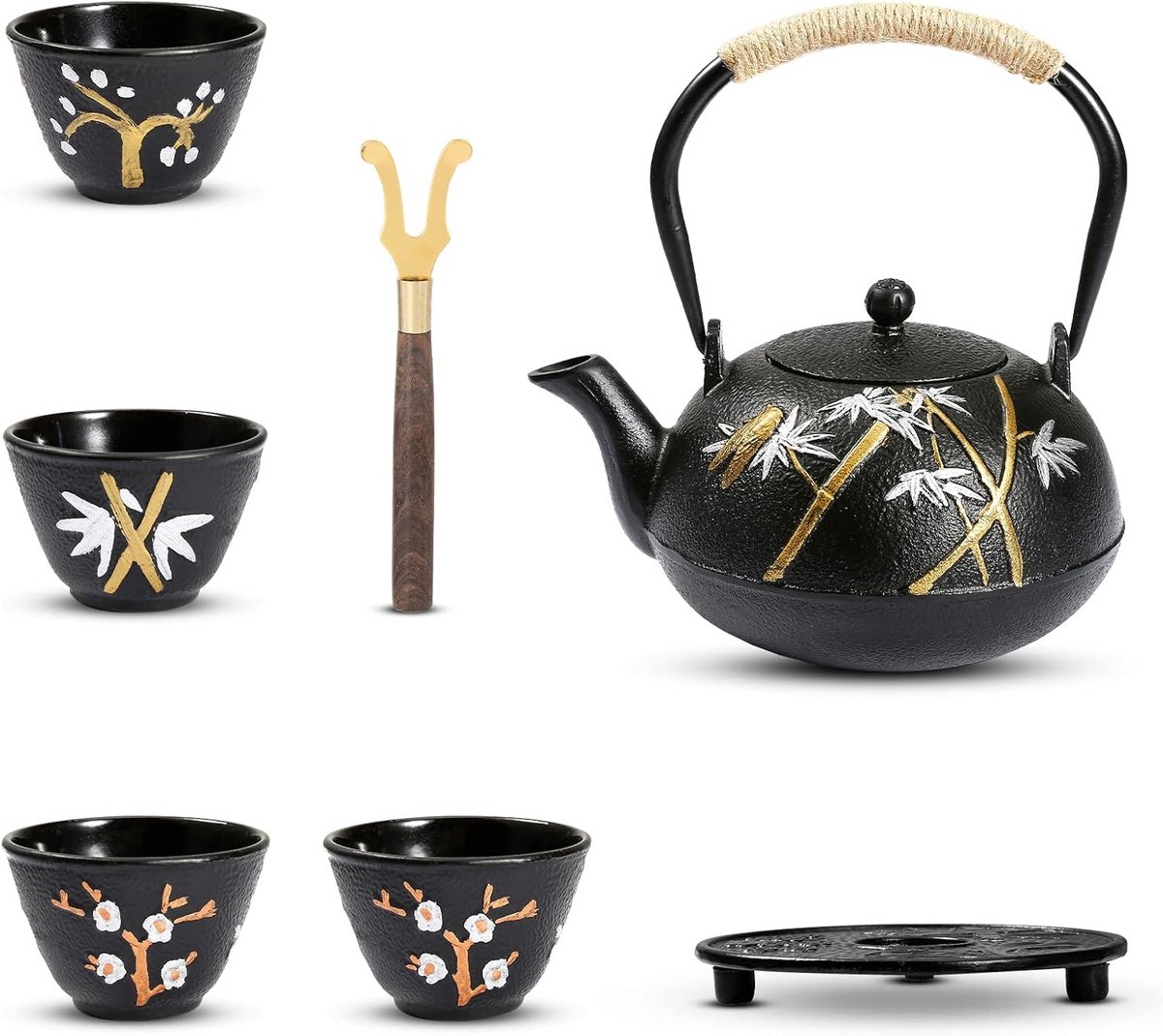 Gietijzeren Theepot Set Japans Stijl met 4 Kopjes en Infuser 1200ml