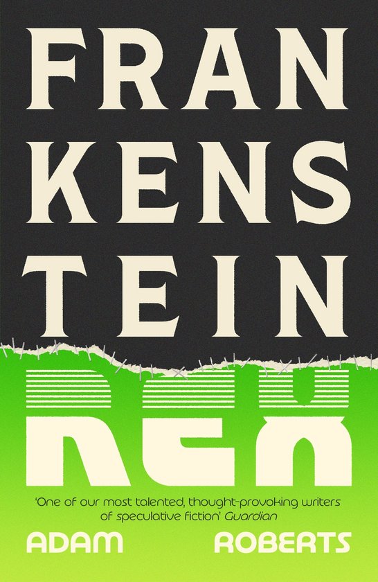 Boekomslag Frankenstein Rex met witte letters op zwart en groen fond, gescheiden door een gescheurde rand met nietjes.