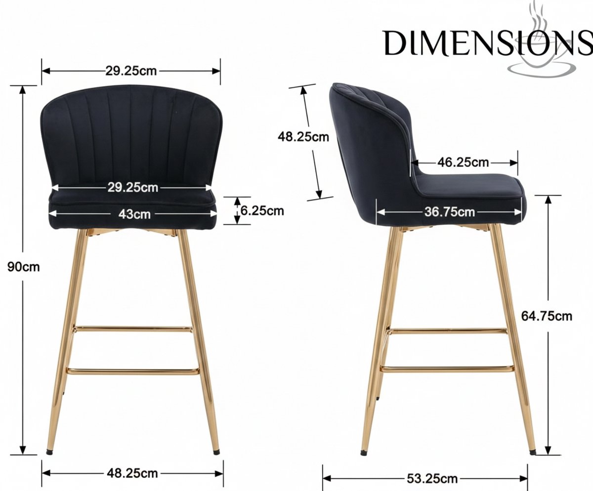 Barkrukken Set van 2 – House&Garden Luxe Velours Barstoelen 90 cm – Gestoffeerde Rugleuning – Zwarte Zitting – Met Gouden Metalen Poten – Voor Keuken, Eetkamer & Woonkamer