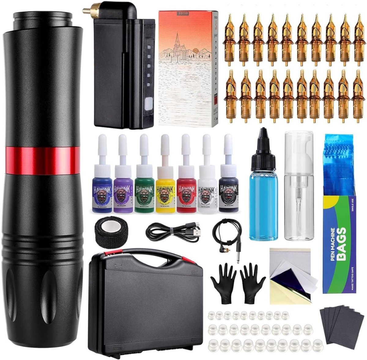 VH Supplies® Tattoo Machines - Tattoo Set - Tattoo Pen - 20 Stuks Cartridge - 7 Inkten