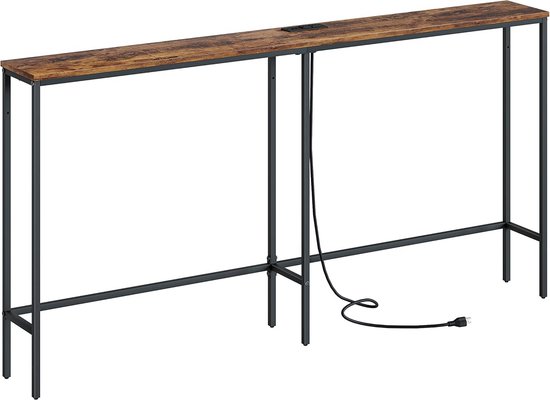 Smalle consoletafel met houten blad en zwart metalen frame, met ingebouwd stroompunt en stekker.