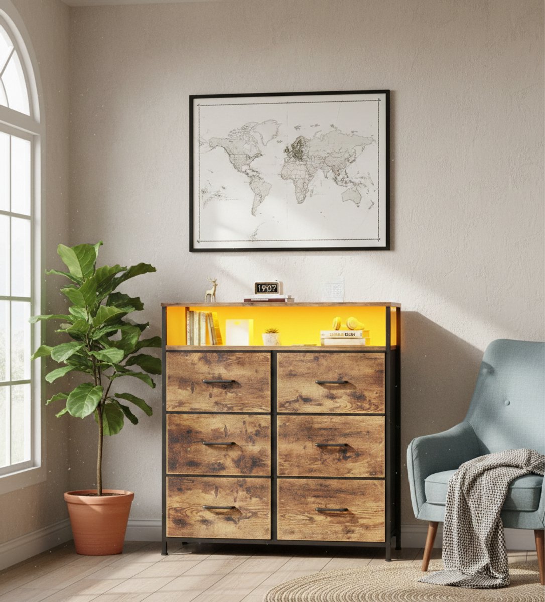 House&Garden VintageGlow LED Commodekast met 6 Stoffen Laden – Vintage Bruin – Metalen Frame – Dressoir voor Slaapkamer, Woonkamer en Hal – 80 x 30 x 86,5 cm