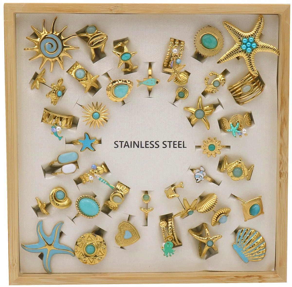 Ringenset - RVS - verstelbaar - 36 stuks - blauw - display