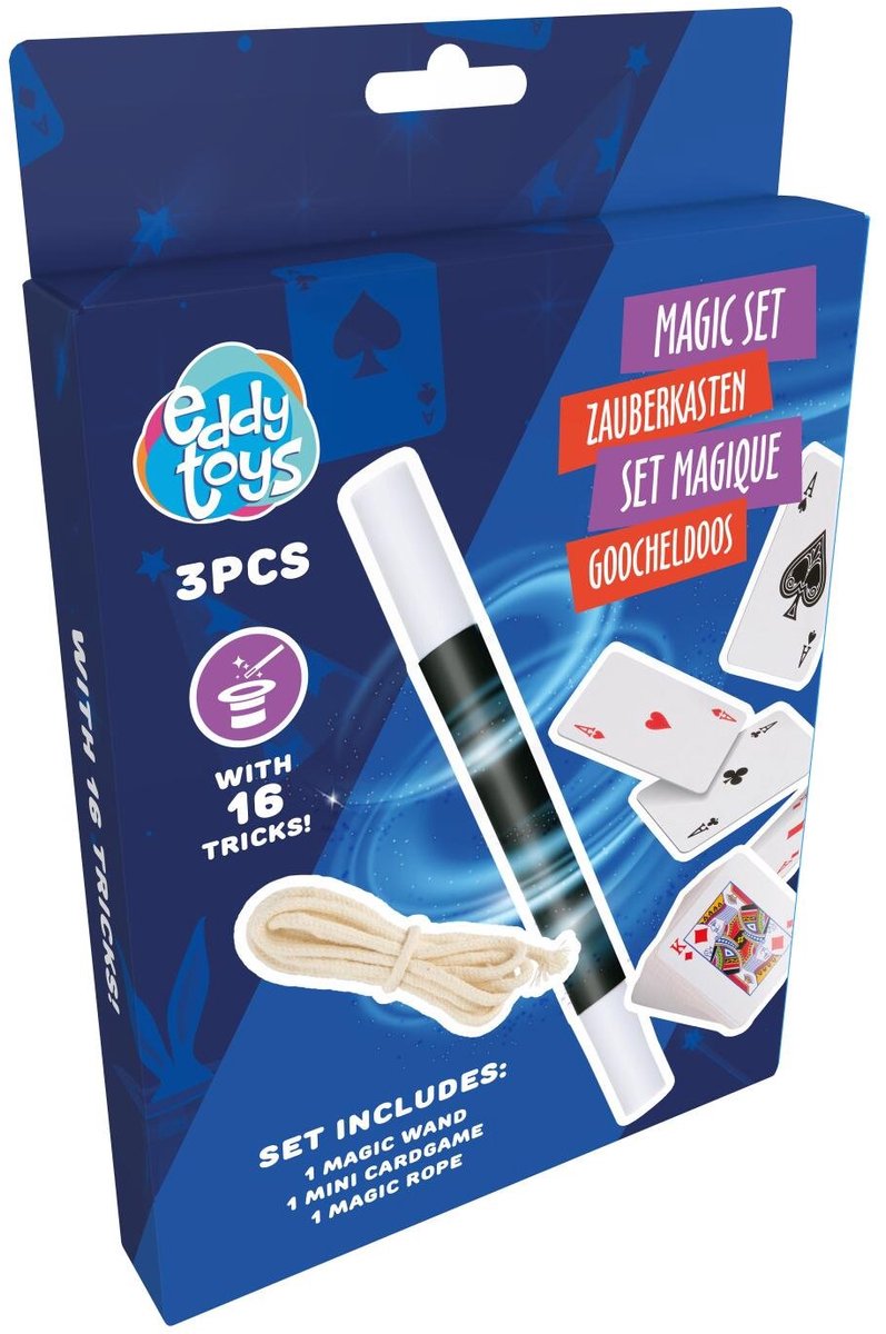 Goocheldoosje voor Kinderen 3-delig - 16 trucs - Inclusief Goochelstokje - Toverstaf - Touw - Goochelkaarten - Goocheltruc